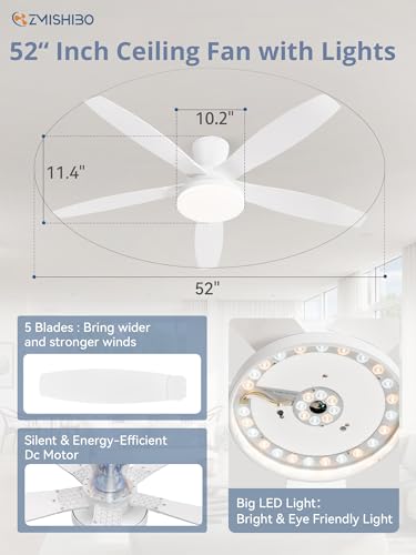 ZMISHIBO 52 inch Ceiling Fans with Lights and Remote/APP Control,White Low Profile Ceiling Fan with Light,Quiet DC Motor,LED Dimmable, Modern Flush Mount Ceiling Fan for Bedroom Indoor/Outdoor Patio