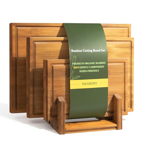 Image of Bamboo Cutting Board Set with Stand, 3PCS Double-Sided Chopping Boards for Kitchen Meal Prep & Serving, Charcuterie, Juice Grooves & Side Handle, Ideal for Meat, Vegetables, Kitchen Essentials