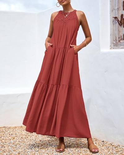Image of BTFBM Halter Summer Dresses for Women 2026 Casual Spring Hollow Out Sleeveless Boho Sundresses Beach Vacation Maxi Dress