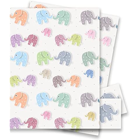 Multicoloured Elephants Wrapping Paper - 2 Sheets of Gift Wrap and Tags - 70x50cm By Jonathan Glick Designs - Children's, Baby Boys, Birthday, Christening Day, Naming Day, Blue, 4 Piece Set Cover