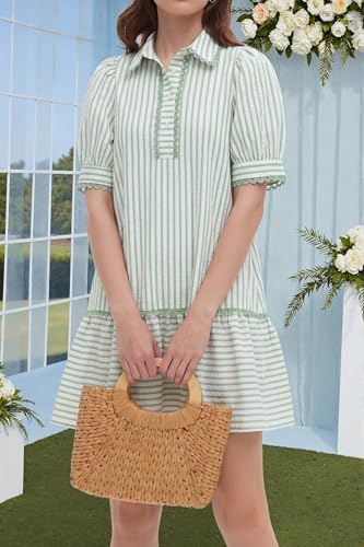 Image of EZAPINE Women Striped Shirt Dress Summer Button Down Collared Short Puff Sleeve Ruffle Hem Casual Flowy Mini Dress