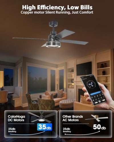 Image of 52 Inch Black Ceiling Fan with Light and Smart Remote Control & App