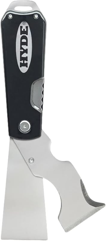 Hyde Dual Blade Folding Painter's Tool 5-In-1 Stainless Steel Folds Closed, Flex 1-1/2 Inch, Cleans Rollers, Spreads Compound, Scrapes, Cleans Out Cracks, Opens Cans and Boxes,Black