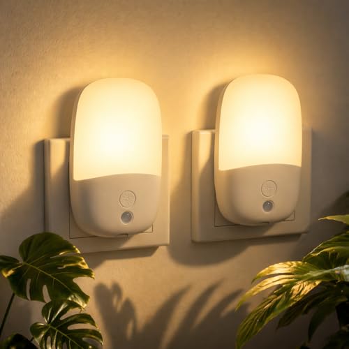 echosari Nachtlicht Steckdose mit Dämmerungssensor, 2 Stück LED Nachtlicht mit Helligkeit Dimmbare, ON/OFF/AUTO Modi, 2700K WarmWeiß Steckdosenlicht für Kinder, Treppe, Flur, Schlafzimmer, Küche