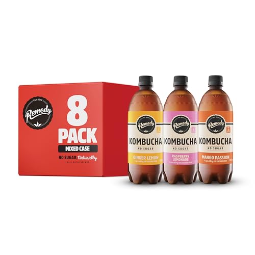 Remedy Kombucha Tea - Mixed Pack - 4 Mango Passion, 2 Ginger Lemon, 2 x Raspberry Lemonade - Sparkling Live Cultured, Naturally Sugar Free Soft Drink - Probiotic for Gut Health - 8 x 700ml