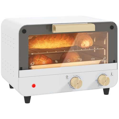 HOMCOM Horno Eléctrico 12L de 2 alturas con Temporizador y Temperatura Ajustable, Mini Horno de Acero Inoxidable, Cristal y Plástico, 31,5x27,7x22,7 cm, Blanco y Dorado
