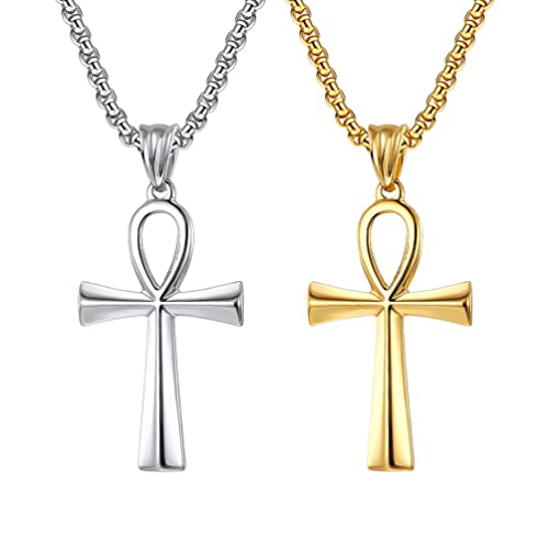 Liitata 2 Pièces Collier Pendentif Croix Ankh Égyptienne Collier Croix Ankh Copte Rock Gothique Punk Hip Hop Chaîne Talisman Colliers pour Hommes - Or Argent