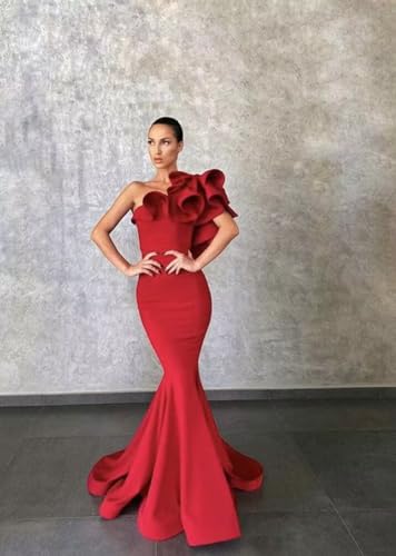 Women's One Shoulder Ruffles Satin Mermaid Prom Dresses Long Ball Gowns Formal Evening Party Gowns3