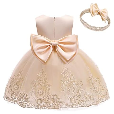 HOIZOSG Baby Bowknot Pageant Lace Embroidery Dress Toddler Girls Birthday Wedding Formal Party Tutu Gown w/Headwear Champagne 6-12M Cover