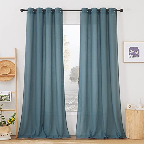 NICETOWN Linen Blend Semi Sheer Curtains, (Smoke Blue) Grommet Top Privacy with Light Penetration Flax Sheer Curtains & Drapes for Living Room/Bedroom, W52 x L108, 2 Panels
