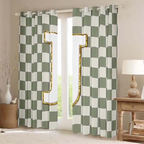 Image of Erosebridal Sage Green Checkered Window Drapes Plaid Initial J Blackout Curtains 42 inch Wx63 L Personalized Monogram Curtains for Bedroom Living Room,Grids Gingham Window Treatments 2 Panels