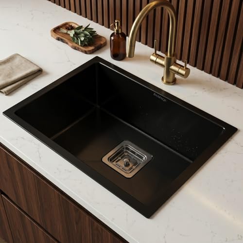 Image of BASINQU Kitchen Sink 21x18x10 Inch Handmade Single Bowl Sink for Kitchen Basin Black 304 Grade Stainless Steel Brushed Matte Finish Including Coupling Fruit Tray Hose Pipe Kitchen Sinks