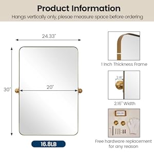 MOON MIRROR Brushed Gold Rectangle Pivot Mirror for Bathroom,Brass Pivoting Vanity Mirror,Overall 24.33 x 30 in (Mirror 20x 30 in) MOON MIRROR Brushed Gold Rectangle Pivot Mirror for BathroomBrass Pivoting Vanity MirrorOverall 2433 x 30 in Mirror 20x 30 in
