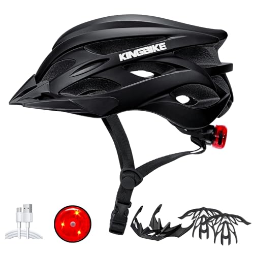 KINGBIKE Bike Helmet for Adult Men Women Youth Road Commute Mountain Cycling Helmets with USB Rechargeable Light Replaceable Padding and Visors Lightweight 20.4-23.6in (Black, Large)