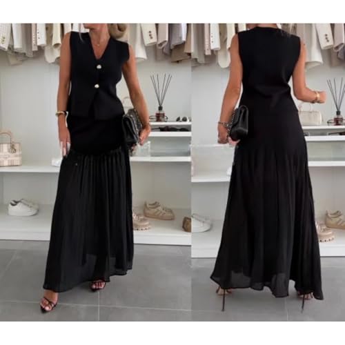 Women's V-neck Sleeveless Knitted Top + Splicing Temperament Suit,Spliced Tulle Elastic Waist Pleated Maxi Skirt4