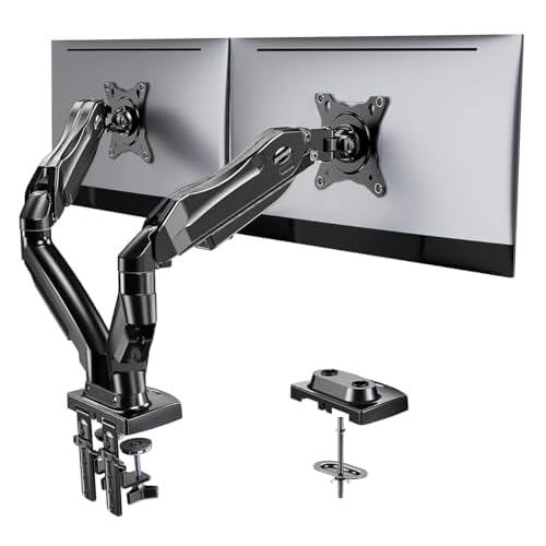HUANUO Dual Monitor Stand – Full Adjustable Monitor Desk Mount Swivel Vesa Bracket with C Clamp, Grommet Mounting Base for 13 to 32 Inch Computer Screens – Each Arm Holds 4.4 to 19.8lbs