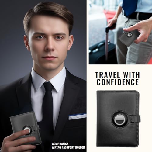 Acme Basics AirTag Reisepasshülle mit AirTag Gepäckanhänger Combo und AirTag-Haltern Impfkarte, Ausweis, Bordkarte, Kreditkartenschutz für Männer und Frauen, Schwarz, Classic