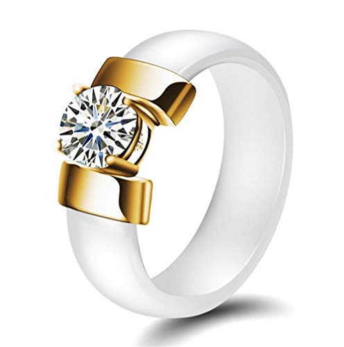 PAURO Bijoux Haute Brillant avec Zircon Engagement Mariage Band Bague Femme Céramique Blanc Or Taille 60