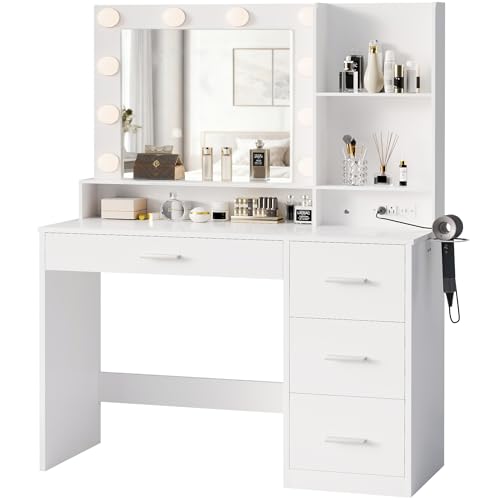 YESHOMY Vanity Desk with Mirror, Power Outlet and 10 Lights, Makeup Table with 4 Drawers, 3 Color...