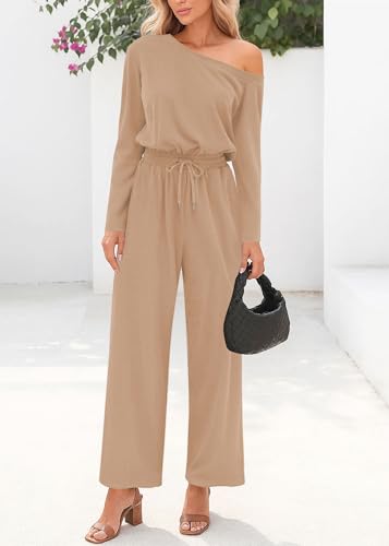 Lazysmile Jumpsuits For Women Dressy Long Sleeve Off Shoulder One Piece Wide Legs Rompers - image 6