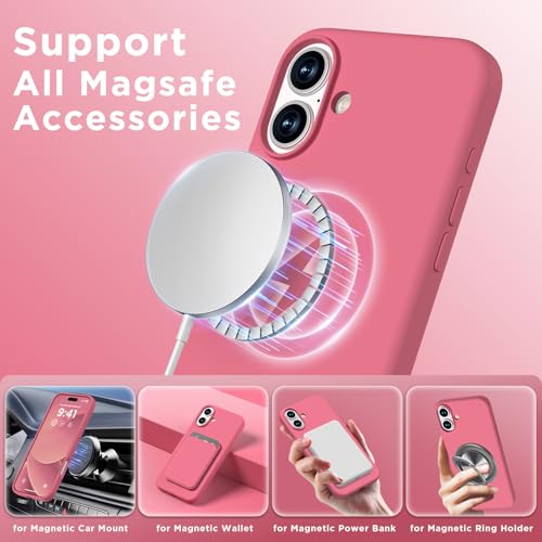 Image of Magnetic for iPhone 16 Case, Compatible with Magsafe, Suction Cup Phone Mount, [2 Screen Protectors][Camera Lens Protector] Silicone Shockproof Protective Slim Phone Cover 6.1 inch, Camellia Red