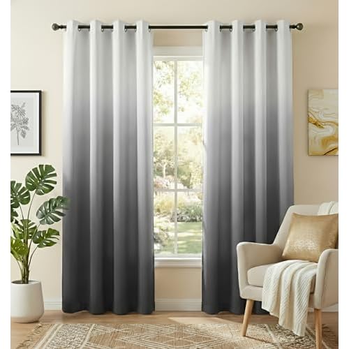 NICETOWN White & Grey Room Darkening Curtains 84 inch Long, Grommet Gradient Curtains Easy-Matching Window Treatments for Boys Bedroom/Kids Room, W52,