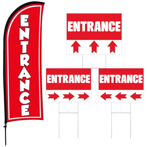 Buryeah Entrance Banner Sign Kit Including 1 Entrance Feather Flag 3 Double Sided Enter Arrows Signs with Metal Stakes for Yard Outside Business Advertising Directional Signage(Red)
