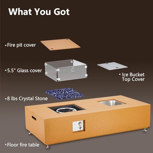 56" Outdoor Fire Pit Table,50000BTU Rectangle Propane Fire Pit with Glass Wind Guard, Lid, Rocks and Rain Cover, CSA Certified Outdoor Propane Gas Fireplace for Deck or Patio