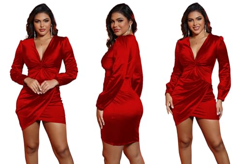Image of FairyLove Women's Elegant Empire Waist Long Sleeve Wedding Guest Party Cocktail Bodycon Irregular Satin Dresses
