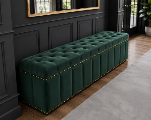 Image of Tufted Velvet Storage Ottoman Bench with Nailhead Trim (Dark green) | Storage Ottoman bench
