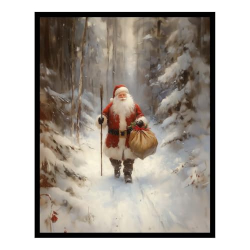 Vintage Christmas Wall Art, Cozy Winter Cabin Christmas Print for Farmhouse Holiday Decor, Rustic Cottagecore Santa Painting for Living Room Bedroom Fireplace Entryway (10' L x 8' W, Unframed)