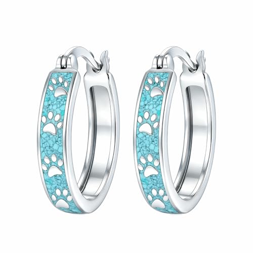 Wildari Dog Paw Huggie Earrings 925 Sterling Silver Dog Paw Small Huggie Hoop Earrings with Turquoise Jewelry Gifts for Women Mom Her