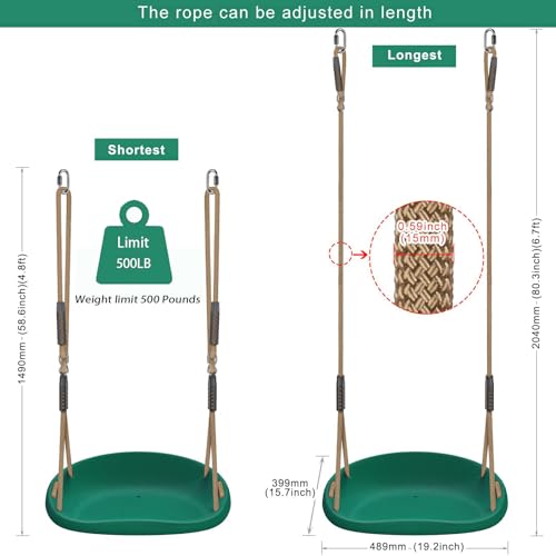 Heavy Duty Swing Seat with Wider Seats & Adjustable Rope and Carabiners, Non-Slip Swing Seat for Kids and Adults for Playground Backyard Patio, 500LB Capacity, Green by BeneLabel - Used condition - Image 2