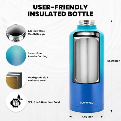 Image of RAYMYLO Insulated Water Bottle 87 oz, Triple Wall Vacuum Stainless Steel (Cold for 48 Hrs), Leak Proof & Non-BPA, Modern Water Flask Jug with Paracord Handle & Straw Spout Lids, Cyan Blue