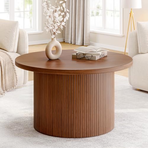 ONBRILL 31.5' Round Coffee Table, Tambour Design Coffee Tables for Living Room, Mid Century Modern Wood Coffee Table, Drum Accent Small Center Table, Walnut
