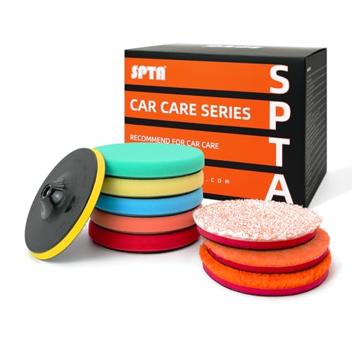 SPTA 9Pcs Polishing Pads Kit, 7 Inches Large Size Buffing Pads, Car Foam Buffing Sponge Pads Kit with 5/8'-11 Backing Plate for Car Care Polisher Boat Waxing, Polishing, Sealing Glaze