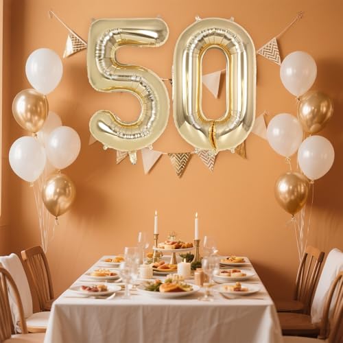 Image of Champagne Gold Large Number 50 Balloon, 40 Inch Light Gold Foil Helium Number Balloons, Giant Mylar Number 50 Balloons for 50 Years Old Birthday Party Anniversary Decorations (Champagne Gold 50)