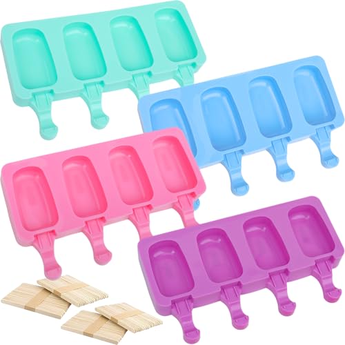 SAYAYA 4 peças de moldes de silicone para picolé, reutilizáveis, gelados, doces, sobremesas, moldes de bolo, faça você mesmo, picolé, moldes de chocolate para assar bolo, pop com 200 palitos de
