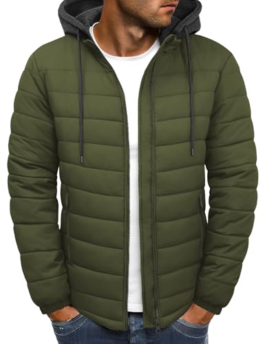 Xnova Chaqueta Acolchada Hombre Invierno Ligera Impermeable Cazadoras Entretiempo con Cremallera Chaquetas Softshell de Plumas Plumiferos Sudadera con Capucha Desmontable, Verde Militar, L