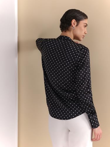 Image of FableStreet Women Formal Shirt | Relaxed Fit V-Neck Polka Dot Pattern with Pleated Detailing | Satin Fabric for Business Casual