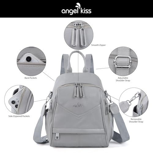 Image of Angel Kiss Small Backpack Purse for Women,Soft Vegan Leather Roomy Backpacks,Designer Ladies Shoulder Backpack Fashion Handbag with Removable Strap,Grey