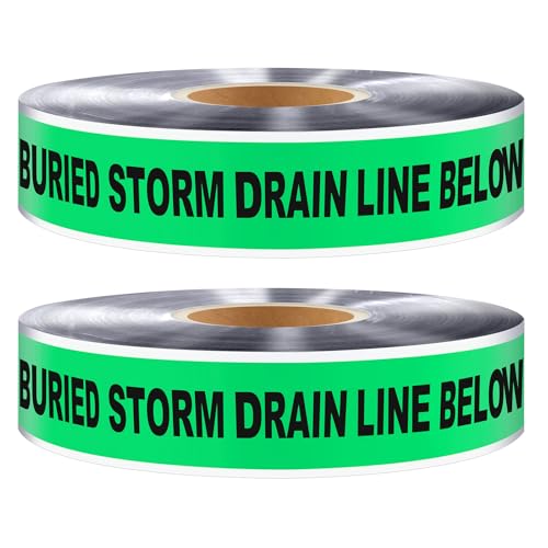 Copkim 2 Roll 2 Inch x 1000 Feet Detectable Underground Safety Tape Polyethylene Underground Buried Storm Drain Detectable Marking Safety Warning Tape for Storm Drain, Black Print (Green)