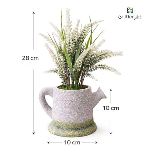 Image of Garden Art Artificial Heather Flower Spray in Shaded Watering Can Planter - Rustic Faux Floral Tabletop Centerpiece for Home, Office, Shelf & Desk Decor (P-0130White)