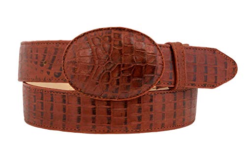 El Presidente - Mens Cognac Crocodile Belly Pattern Cowboy Belt Rodeo Buckle