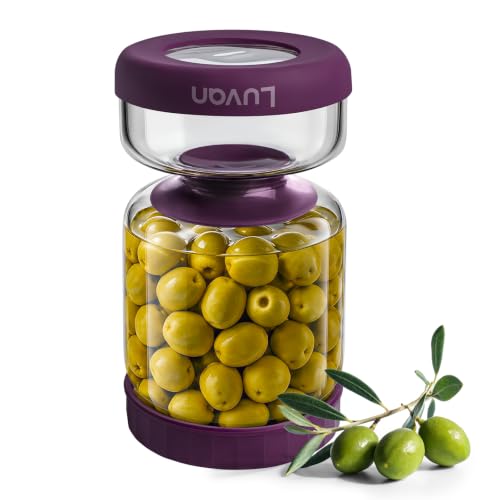 Luvan Hourglass Pickle Jar with Strainer Flip - 34oz Glass Container for Pickles, Olives & Jalapenos, Leakproof Airtight Lid, BPA-Free Juice Separator, Dishwasher Safe Pickle Storage-Purple