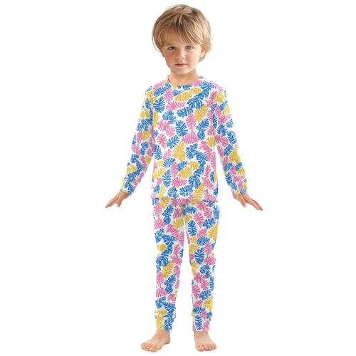 ALAZA Tropical Palm Leaves Blue Yellow Pajamas Long Sleeve Sleepwear 2-Piece Pajama Set3