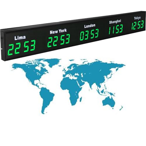 Grande Orologio Mondiale Digitale a LED, Orologio da Parete con 3/4/5 Fusi Orari, Hotel e Multinazionali,Green-5City
