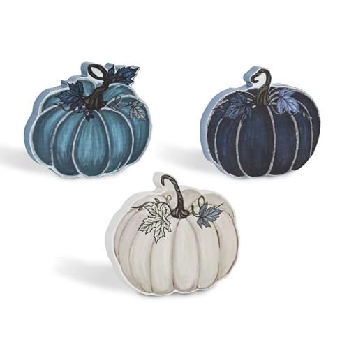 Smile Fall Wooden Decor Set 3-Piece Blue Tone Pumpkin Tabletop Signs for Autumn Harvest Home Decor