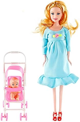 FunPa Pregnant Doll Have a Baby in Her Tummy Mom Doll Pregnant Mom Toy with Baby Doll Trolley (Blue)