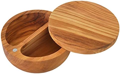 Naturally Med Olive Wood Salt Keeper/Salt and Pepper Keeper. 2 section. Salt and pepper cellar. Magnetic, swivel lid.
